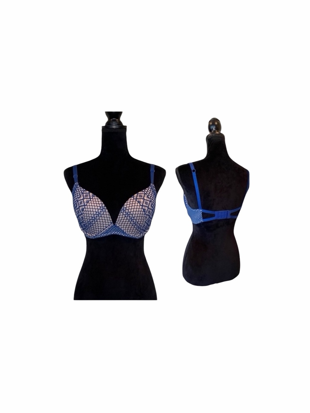 Victoria Secret very sexy lightly padded plunge bra blue and nude lace size 34DD